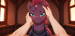 Size: 2392x1158 | Tagged: safe, ai content, derpibooru import, machine learning generated, prompter:greesys, tempest shadow, oc, oc:anon, human, pony, unicorn, horn, house, image, looking at you, offscreen character, petting, png, pov