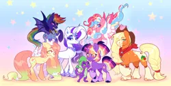 Size: 1280x644 | Tagged: safe, artist:sadelinav, derpibooru import, applejack, fluttershy, pinkie pie, rainbow dash, rarity, spike, twilight sparkle, bat pony, dragon, earth pony, pegasus, pony, unicorn, female, gradient background, horn, image, jpeg, male, mane seven, mane six, race swap, unshorn fetlocks, wingless spike