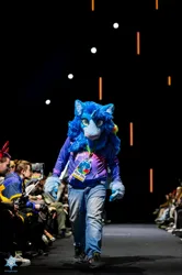 Size: 1363x2048 | Tagged: safe, artist:rs_glide08, artist:scarletwingsfs, derpibooru import, oc, oc:blue sky, unofficial characters only, 2024, fashion show, fursuit, image, irl, jpeg, photo, ponysuit, solo focus