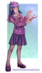 Size: 2300x3940 | Tagged: safe, artist:anapplefairy, artist:crazypapple, derpibooru import, twilight sparkle, human, :o, alternate hairstyle, book, cardigan, clothes, female, humanized, image, magic, nail polish, notepad, open mouth, pen, pencil, png, shoes, skirt, socks, solo, stockings, thigh highs