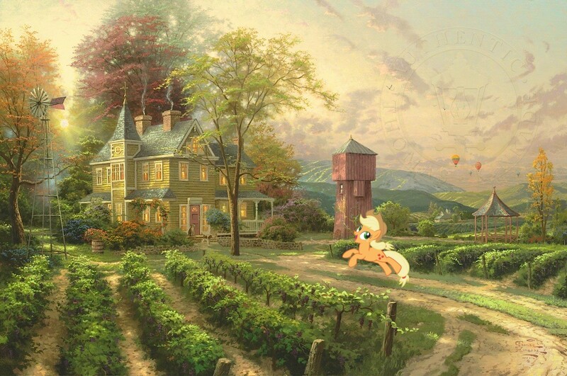 Size: 1200x796 | Tagged: safe, artist:thomas kinkade, derpibooru import, applejack, bird, dog, earth pony, pony, barrel, chimney, cloud, cowboy hat, door, female, fence, food, gazebo, grapes, happy, hat, hill, hot air balloon, house, image, jpeg, jumping, leaping, mare, nature, painting, scenery, signature, sky, solo, solo female, sun, sunset, traditional art, tree, windmill, window