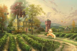 Size: 1200x796 | Tagged: safe, artist:thomas kinkade, derpibooru import, applejack, bird, dog, earth pony, pony, barrel, chimney, cloud, cowboy hat, door, female, fence, food, gazebo, grapes, happy, hat, hill, hot air balloon, house, image, jpeg, jumping, leaping, mare, nature, painting, scenery, signature, sky, solo, solo female, sun, sunset, traditional art, tree, windmill, window