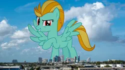 Size: 1920x1080 | Tagged: safe, artist:sketchmcreations, derpibooru import, edit, editor:jaredking779, lightning dust, pegasus, pony, g4, alternate eye color, antagonist, attack on pony, female, florida, fort lauderdale, giant pony, giantess, grin, highrise ponies, image, irl, jpeg, looking at you, macro, mare, photo, ponies in real life, raised hoof, red eyes, smiling, spread wings, story included, wings, wrong eye color