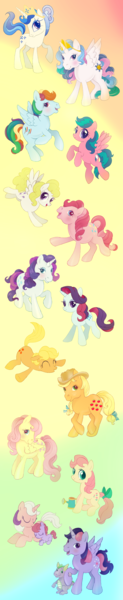 Size: 2853x13916 | Tagged: safe, artist:lezzlesdrawsponies, derpibooru import, applejack, applejack (g1), firefly, fluttershy, majesty, pinkie pie, posey, princess celestia, rainbow dash, rarity, sparkler (g1), spike, surprise, twilight sparkle, alicorn, dragon, earth pony, pegasus, pony, unicorn, g1, g4, applejack's hat, baby, baby dragon, baby ember (g1), cowboy hat, eyes closed, female, flying, g1 six, g1 to g4, g4 to g1, generation leap, gradient background, group, happy, hat, horn, image, lying down, male, mane six, mare, open mouth, png, prone, raised hoof, raised leg, sleeping, wings, younger