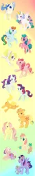 Size: 2853x13916 | Tagged: safe, artist:lezzlesdrawsponies, derpibooru import, applejack, applejack (g1), firefly, fluttershy, majesty, pinkie pie, posey, princess celestia, rainbow dash, rarity, sparkler (g1), spike, surprise, twilight sparkle, alicorn, dragon, earth pony, pegasus, pony, unicorn, g1, g4, applejack's hat, baby, baby dragon, baby ember (g1), cowboy hat, eyes closed, female, flying, g1 six, g1 to g4, g4 to g1, generation leap, gradient background, group, happy, hat, horn, image, lying down, male, mane six, mare, open mouth, png, prone, raised hoof, raised leg, sleeping, wings, younger