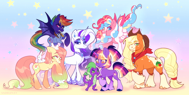 Size: 1280x644 | Tagged: safe, artist:sadelinav, derpibooru import, angel bunny, applejack, fluttershy, pinkie pie, rainbow dash, rarity, spike, twilight sparkle, earth pony, pegasus, pony, alternate design, earth pony fluttershy, image, jpeg, mane six, pegasus pinkie pie, race swap