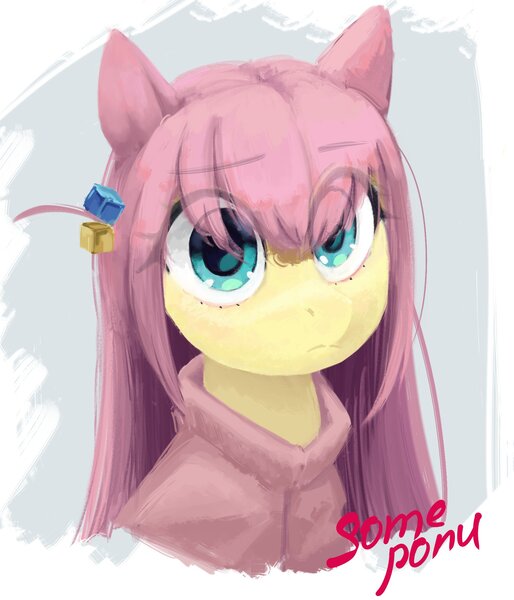 Size: 1781x2077 | Tagged: safe, artist:some_ponu, derpibooru import, fluttershy, pegasus, pony, bocchi the rock!, bust, eye clipping through hair, eyebrows, eyebrows visible through hair, female, hitori gotoh, image, jpeg, looking at you, mare, signature, solo, tracksuit