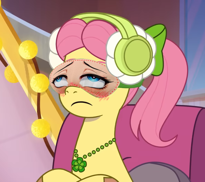 Size: 1212x1080 | Tagged: safe, artist:rsa.fim, derpibooru import, edit, edited screencap, screencap, posey (g5), earth pony, pony, g5, my little pony: tell your tale, spoiler:g5, image, meme, png, sleep mask, solo