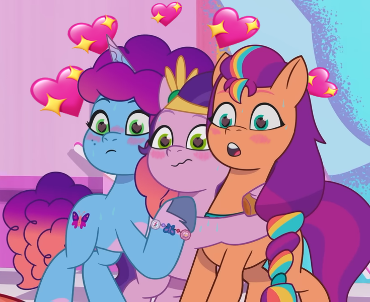 Size: 914x746 | Tagged: safe, artist:rsa.fim, derpibooru import, edit, edited screencap, screencap, pipp petals, sunny starscout, earth pony, pegasus, pony, unicorn, g5, my little pony: tell your tale, spoiler:g5, adorapipp, cute, group hug, heart, heart eyes, horn, hug, image, jazz hearts rocky, misty brightdawn, mistybetes, png, sunnybetes, wingding eyes