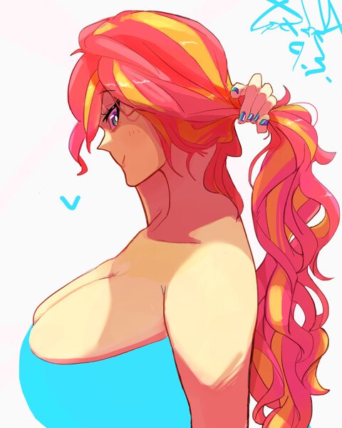 Size: 1600x2000 | Tagged: safe, artist:sozglitch, derpibooru import, sunset shimmer, human, g4, alternate hairstyle, big breasts, breasts, bust, busty sunset shimmer, cleavage, female, floating heart, heart, huge breasts, humanized, image, jpeg, looking at you, nail polish, ponytail, profile, simple background, smiling, smiling at you, solo, white background