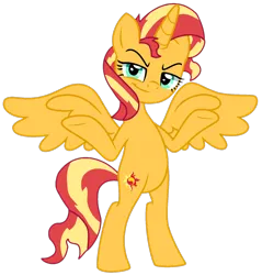 Size: 1480x1550 | Tagged: safe, artist:savage-bases, artist:twilyisbestpone, derpibooru import, sunset shimmer, alicorn, pony, g4, alicornified, base used, bipedal, evil grin, female, grin, image, looking at you, mare, png, race swap, shimmercorn, shrug, shrugset shimmer, simple background, smiling, smug, smugset shimmer, solo, spread wings, transparent background, wings