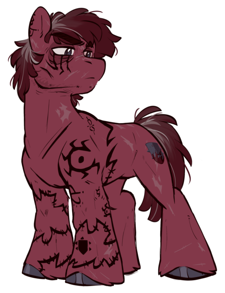 Size: 2000x2600 | Tagged: safe, artist:crimmharmony, derpibooru import, oc, oc:brimstone blitz, unofficial characters only, earth pony, fallout equestria, fallout equestria: murky number seven, fanfic art, image, looking away, male, png, simple background, solo, tattoo, transparent background