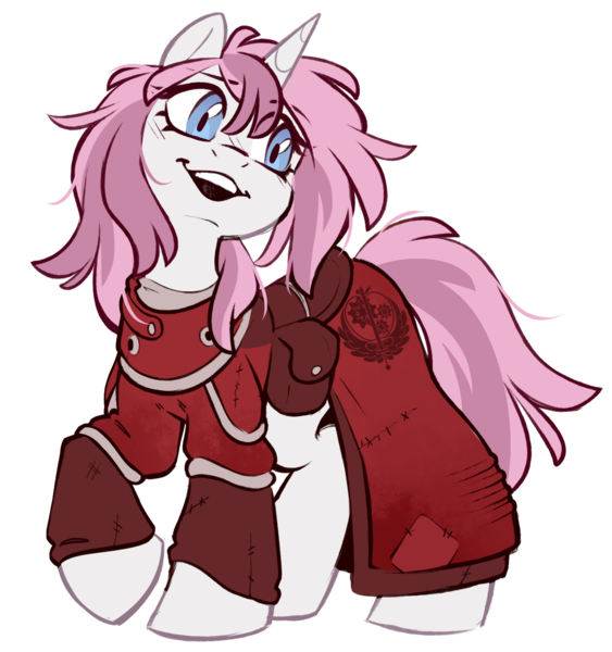 Size: 1500x1600 | Tagged: safe, artist:crimmharmony, derpibooru import, oc, oc:glimmerlight, unofficial characters only, unicorn, fallout equestria, fallout equestria: murky number seven, brotherhood of steel, clothes, fanfic art, female, horn, image, looking away, open mouth, png, simple background, smiling, solo, transparent background