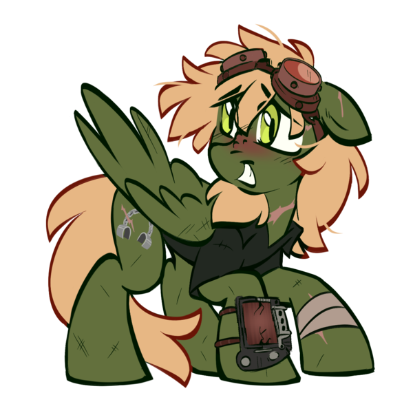 Size: 1300x1300 | Tagged: safe, artist:crimmharmony, derpibooru import, oc, oc:murky, unofficial characters only, pegasus, fallout equestria, fallout equestria: murky number seven, bandage, clothes, fanfic art, floppy ears, goggles, goggles on head, grin, image, looking away, male, nervous, nervous grin, pipbuck, png, simple background, smiling, solo, transparent background