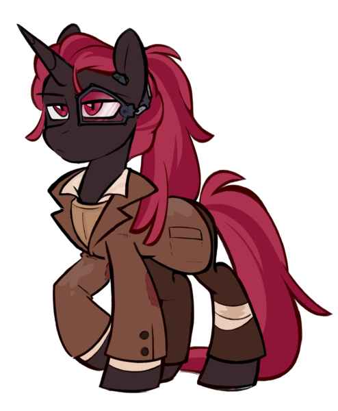 Size: 1400x1700 | Tagged: safe, artist:crimmharmony, derpibooru import, oc, oc:protege, unofficial characters only, unicorn, fallout equestria, fallout equestria: murky number seven, bandage, clothes, eyewear, fanfic art, horn, image, long mane, long tail, looking forward, male, png, ponytail, simple background, solo, tail, transparent background