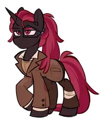 Size: 1400x1700 | Tagged: safe, artist:crimmharmony, derpibooru import, oc, oc:protege, unofficial characters only, unicorn, fallout equestria, fallout equestria: murky number seven, bandage, clothes, eyewear, fanfic art, horn, image, long mane, long tail, looking forward, male, png, ponytail, simple background, solo, tail, transparent background