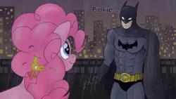 Size: 3840x2160 | Tagged: safe, artist:sewaddle36, derpibooru import, boneless, pinkie pie, earth pony, human, pony, batarang, batman, cape, city, clothes, confetti, dc comics, derpibooru exclusive, duo, duo male and female, female, image, male, night, png, rain, rooftop, smiling, text