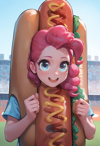 Size: 832x1216 | Tagged: safe, ai content, derpibooru import, generator:civitai, machine learning generated, prompter:tttesttester123, stable diffusion, pinkie pie, human, equestria girls, g4, baseball field, clothes, costume, female, food, generator:pony diffusion v6 xl, hot dog, hot dog costume, image, jpeg, ketchup, looking at you, meat, mustard, outdoors, relish, sauce, sausage, shirt, short sleeves, solo, sports