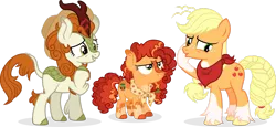 Size: 1920x882 | Tagged: safe, artist:cirillaq, derpibooru import, applejack, autumn blaze, oc, oc:lady marmalade, earth pony, hybrid, kirin, pony, g4, female, filly, foal, hat, image, interspecies offspring, lesbian, magical lesbian spawn, mare, offspring, parent:applejack, parent:autumn blaze, parents:autumnjack, png, ship:autumnjack, shipping, simple background, transparent background