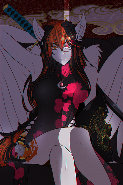 Size: 2000x3000 | Tagged: safe, artist:carbutt69, derpibooru import, oc, oc:cannon car, anthro, pegasus, armpits, crossed legs, ear piercing, earring, female, heterochromia, image, jewelry, katana, multicolored mane, necklace, piercing, png, scar, sitting, smiling, solo, solo female, sword, weapon