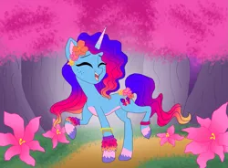 Size: 1519x1116 | Tagged: safe, artist:bluestar386, derpibooru import, pony, unicorn, g5, accessory, bracelet, bridlewood, bridlewoodstock, clothes, female, floral head wreath, flower, horn, image, jewelry, leg warmers, mare, misty brightdawn, png, rebirth misty, solo, style of the day