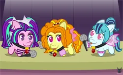 Size: 2330x1419 | Tagged: safe, artist:wheatley r.h., derpibooru import, adagio dazzle, aria blaze, sonata dusk, earth pony, pony, equestria girls, g4, bracelet, chibi, cute, derpibooru exclusive, female, gem, image, jewelry, jpeg, mare, microphone, my little pony equestria girls: rainbow rocks, necklace, ponytail, rainbow rocks 10th anniversary, siren gem, siren wings, spiked wristband, spotlight, stage, the dazzlings, tongue out, vector, watermark, wings, wristband