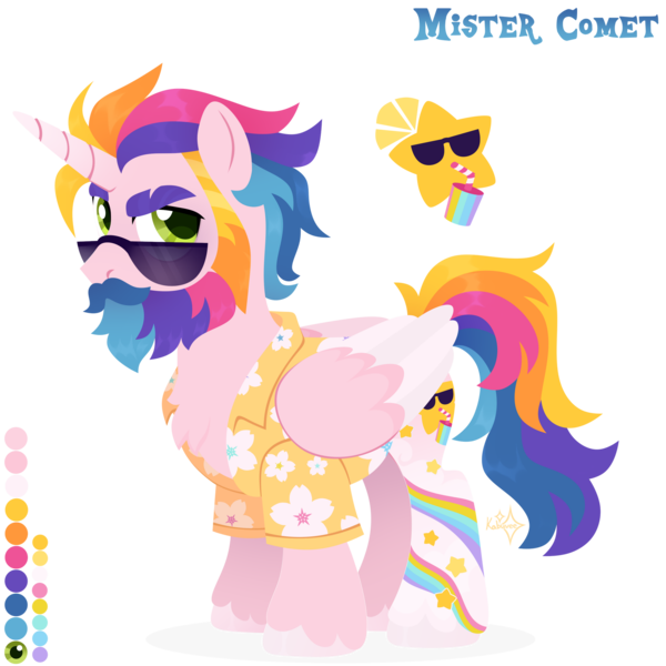 Size: 1920x1920 | Tagged: safe, artist:kabuvee, derpibooru import, oc, oc:mister comet, alicorn, pony, clothes, colored wings, hawaiian shirt, image, male, png, shirt, simple background, solo, stallion, sunglasses, transparent background, two toned wings, wings