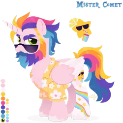 Size: 1920x1920 | Tagged: safe, artist:kabuvee, derpibooru import, oc, oc:mister comet, alicorn, pony, clothes, colored wings, hawaiian shirt, image, male, png, shirt, simple background, solo, stallion, sunglasses, transparent background, two toned wings, wings