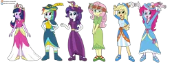 Size: 5983x2313 | Tagged: safe, artist:eagc7, derpibooru import, applejack, fluttershy, pinkie pie, rainbow dash, rarity, sci-twi, twilight sparkle, equestria girls, g4, clothes, commission, coronation dress, dress, female, group, humane five, humane six, image, ko-fi, mane six, patreon, png, simple background, transparent background