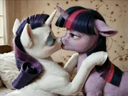 Size: 4800x3600 | Tagged: suggestive, ai content, derpibooru import, machine learning generated, prompter:jelloponies, rarity, twilight sparkle, unicorn, blushing, drool, duo, duo female, eyes closed, female, fur, horn, image, jpeg, kissing, lesbian, photorealistic, realistic, unicorn twilight