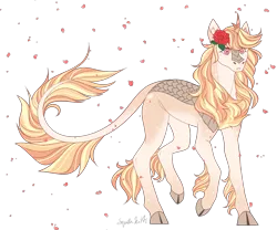 Size: 3000x2500 | Tagged: safe, artist:squishkitti, derpibooru import, oc, kirin, cloven hooves, female, flower, flower in hair, image, offspring, parent:prince blueblood, parent:rain shine, png, simple background, solo, transparent background