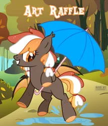 Size: 2060x2400 | Tagged: safe, artist:olivi, derpibooru import, oc, unofficial characters only, bat pony, pony, autumn, food, forest, free art, giveaway, image, nature, orange, png, prize, raffle, rain, simple background, solo, tree, umbrella, yellow background