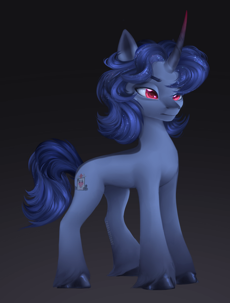 Size: 2581x3403 | Tagged: safe, artist:copshop, derpibooru import, oc, oc:vitor, unofficial characters only, pony, unicorn, blue coat, blue mane, blue tail, coat markings, colored, colored eartips, colored hooves, colored horn, colored horntip, colored pupils, commission, concave belly, curved horn, dorsal stripe, ethereal mane, facial markings, frown, gradient horn, gray hooves, hoof fluff, hooves, horn, image, lineless, male, male oc, multicolored horn, narrowed eyes, png, prince, quadrupedal, red eyes, red pupils, shading, shiny hooves, signature, slender, snip (coat marking), solo, stallion, stallion oc, starry mane, tail, thin, three quarter view, two toned ears, unicorn horn, unicorn oc, unshorn fetlocks, watermark