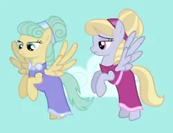 Size: 453x348 | Tagged: safe, derpibooru import, screencap, cloud kicker, sunshower raindrops, pegasus, pony, g4, hearth's warming eve (episode), alternate hairstyle, clothes, cloud, cropped, dress, duo, duo female, female, flying, image, lidded eyes, mare, png, sky, spread wings, unimpressed, updo, wings