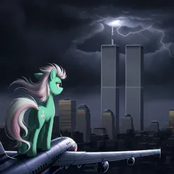 Size: 1024x1024 | Tagged: semi-grimdark, ai content, derpibooru import, generator:imagen 3, machine learning generated, earth pony, pony, 9/11, image, new york city, plane, png, rain, solo, storm