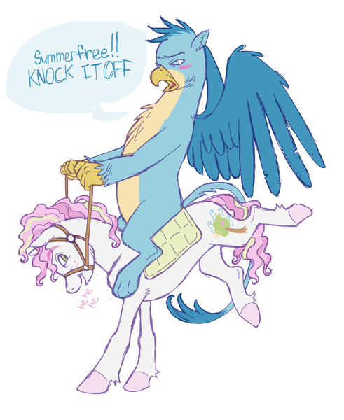 Size: 1280x1563 | Tagged: safe, artist:universalheart, derpibooru import, gallus, oc, oc:summerfree apple, gryphon, pony, g4, bridle, bucking, canon x oc, duo, female, image, male, png, reins, saddle, simple background, speech bubble, straight, tack, white background