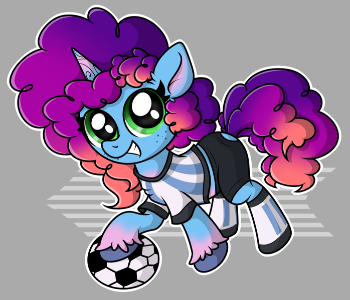 Size: 2264x1945 | Tagged: safe, artist:background basset, derpibooru import, pony, unicorn, g5, abstract background, argentina, ball, clothes, football, horn, image, looking at you, misty brightdawn, png, rebirth misty, shirt, shorts, smiling, smiling at you, socks, solo, sports