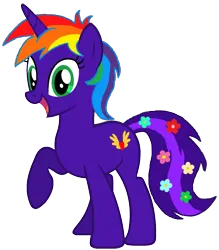 Size: 1282x1462 | Tagged: safe, artist:star-armour95, derpibooru import, oc, oc:rainbow flower, unofficial characters only, unicorn, g4, female, happy, horn, image, png, raised hoof, simple background, transparent background, vector