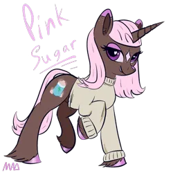 Size: 1256x1256 | Tagged: safe, artist:maonyman, derpibooru import, oc, oc:pink sugar, unofficial characters only, pony, unicorn, clothes, colored eartips, colored hooves, colored nose, cutie mark, eyeshadow, facial markings, female, freckles, hooves, horn, image, looking at you, makeup, mare, png, raised hoof, simple background, smiling, smirk, solo, sweater, transparent background, unshorn fetlocks