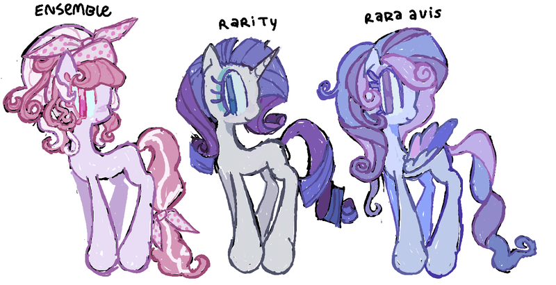 Size: 1391x713 | Tagged: safe, artist:dasdfghjjkx, artist:dddddaxie998839, derpibooru import, rarity, oc, oc:ensemble, oc:rara avis, earth pony, pegasus, pony, unicorn, g4, horn, image, png, race swap, simple background, trio, white background