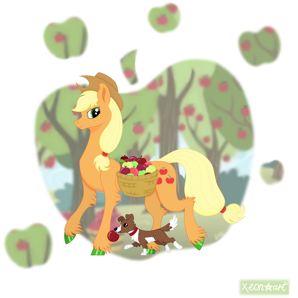 Size: 1280x1280 | Tagged: safe, artist:xeon777art, derpibooru import, applejack, winona, dog, earth pony, pony, g4, apple, apple tree, basket, colored hooves, duo, duo female, female, food, hock fluff, hooves, image, leg fluff, mare, mouth hold, outdoors, png, simple background, smiling, solo, sweet apple acres, tree, unshorn fetlocks, white background