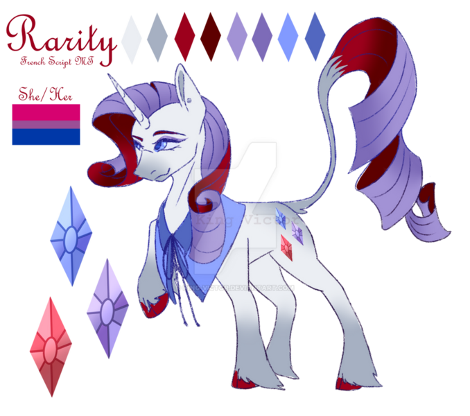 Size: 951x841 | Tagged: safe, artist:king-victor, derpibooru import, rarity, classical unicorn, pony, unicorn, alternate design, cloven hooves, concave belly, deviantart watermark, ear piercing, horn, image, leonine tail, mouthpiece, obtrusive watermark, piercing, png, politics, pride flag, pronouns, reference sheet, sharkface, simple background, solo, sternocleidomastoid, transparent background, twitterina design, unshorn fetlocks, watermark