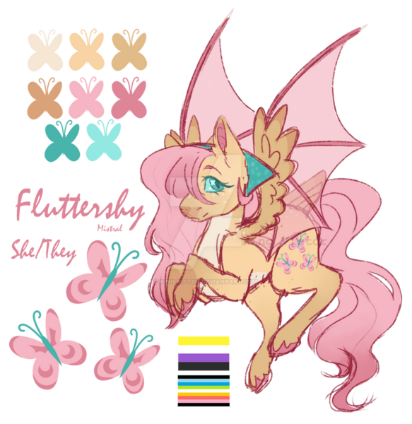 Size: 881x907 | Tagged: safe, artist:king-victor, derpibooru import, fluttershy, hybrid, pegasus, pony, alternate design, bat wings, colored hooves, deviantart watermark, image, mouthpiece, obtrusive watermark, png, politics, pride flag, pronouns, reference sheet, solo, twitterina design, watermark, wings