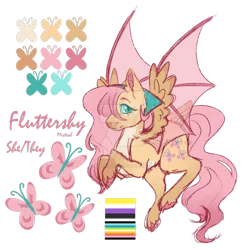 Size: 881x907 | Tagged: safe, artist:king-victor, derpibooru import, fluttershy, hybrid, pegasus, pony, alternate design, bat wings, colored hooves, deviantart watermark, image, mouthpiece, obtrusive watermark, png, politics, pride flag, pronouns, reference sheet, solo, twitterina design, watermark, wings