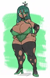 Size: 672x1038 | Tagged: suggestive, artist:lewd_hareboy, derpibooru import, queen chrysalis, human, 2019, abstract background, big breasts, breasts, cleavage, clothes, corset, crown, dark skin, ear piercing, earring, evening gloves, female, fingerless gloves, gloves, hand on hip, high heels, huge breasts, humanized, image, jewelry, jpeg, long gloves, piercing, regalia, shoes, signature, socks, solo, solo female, stockings, thick, thigh highs, thighs, thunder thighs