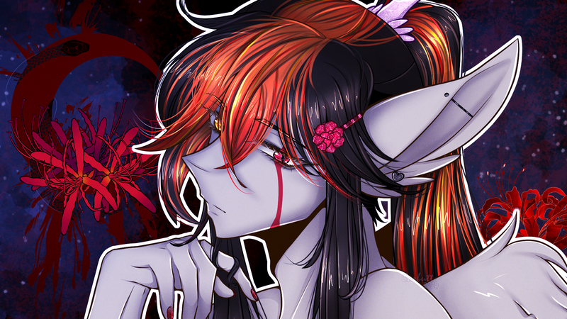 Size: 1920x1080 | Tagged: questionable, artist:carbutt69, derpibooru import, oc, oc:cannon car, pegasus, blood, bust, hair twirl, hairpin, heterochromia, image, moon, multicolored mane, nail polish, piercing, png, ponytail, portrait, spider lilly