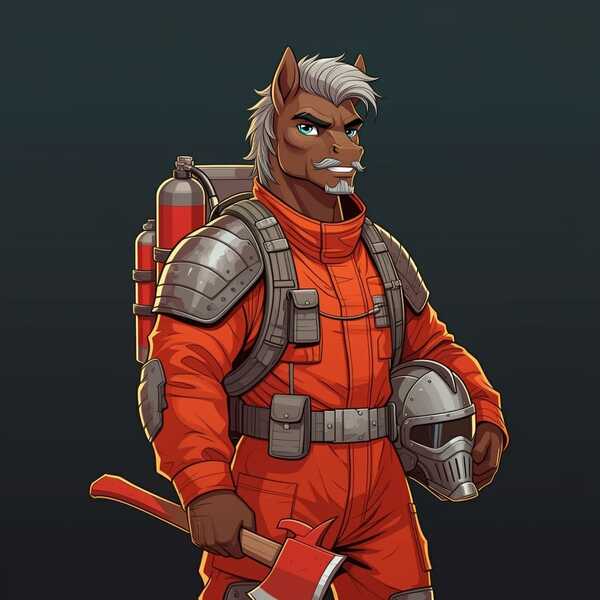 Size: 1024x1024 | Tagged: safe, ai content, derpibooru import, generator:google imagen 3.0, machine learning generated, prompter:zerowinger, burnt oak, anthro, earth pony, barbecue, clothes, cosplay, costume, fire extinguisher, fireaxe, firefighter, g.i. joe, gradient background, helmet, image, jpeg, male, solo