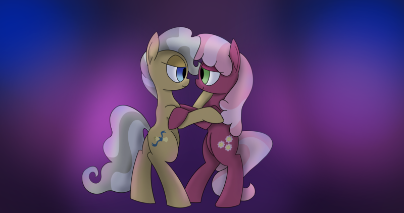 Size: 4096x2160 | Tagged: safe, artist:suryfromheaven, derpibooru import, cheerilee, mayor mare, earth pony, pony, bipedal, dancing, duo, duo female, female, hug, image, in love, lesbian, lightning, love, mare, png, ship:mayorlee, shipping