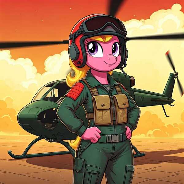 Size: 1024x1024 | Tagged: safe, ai content, derpibooru import, generator:google imagen 3.0, machine learning generated, prompter:zerowinger, cherry berry, anthro, earth pony, clothes, cosplay, costume, female, flight suit, g.i. joe, hand on hip, helicopter, helicopter pilot, helmet, image, jpeg, lift-ticket, solo