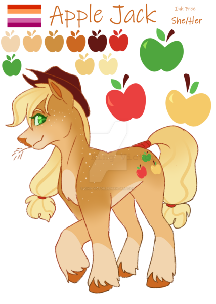 Size: 1920x2695 | Tagged: safe, artist:king-victor, derpibooru import, part of a set, applejack, earth pony, pony, g4, alternate cutie mark, alternate design, alternate universe, apple, applejack's hat, blaze (coat marking), blonde mane, blonde tail, coat markings, color palette, colored, colored belly, colored eyebrows, colored eyelashes, colored hooves, colored muzzle, colored pinnae, colored pupils, countershading, cowboy hat, cutie mark, description at source, deviantart watermark, facial markings, female, flat colors, food, green eyelashes, green pupils, hair tie, hat, hooves, image, lesbian pride flag, long mane, long tail, looking at you, looking back, mare, mealy mouth (coat marking), obtrusive watermark, orange hooves, orange text, pale belly, pale muzzle, png, ponytail, pride, pride flag, profile, raised hoof, redesign, simple background, smiling, socks (coat marking), solo, spots, standing on three hooves, sternocleidomastoid, stetson, straw in mouth, striped mane, striped tail, tail, tail tie, tail wrap, three quarter view, tied mane, tied tail, transbian pride flag, transparent background, twitterina design, unshorn fetlocks, watermark